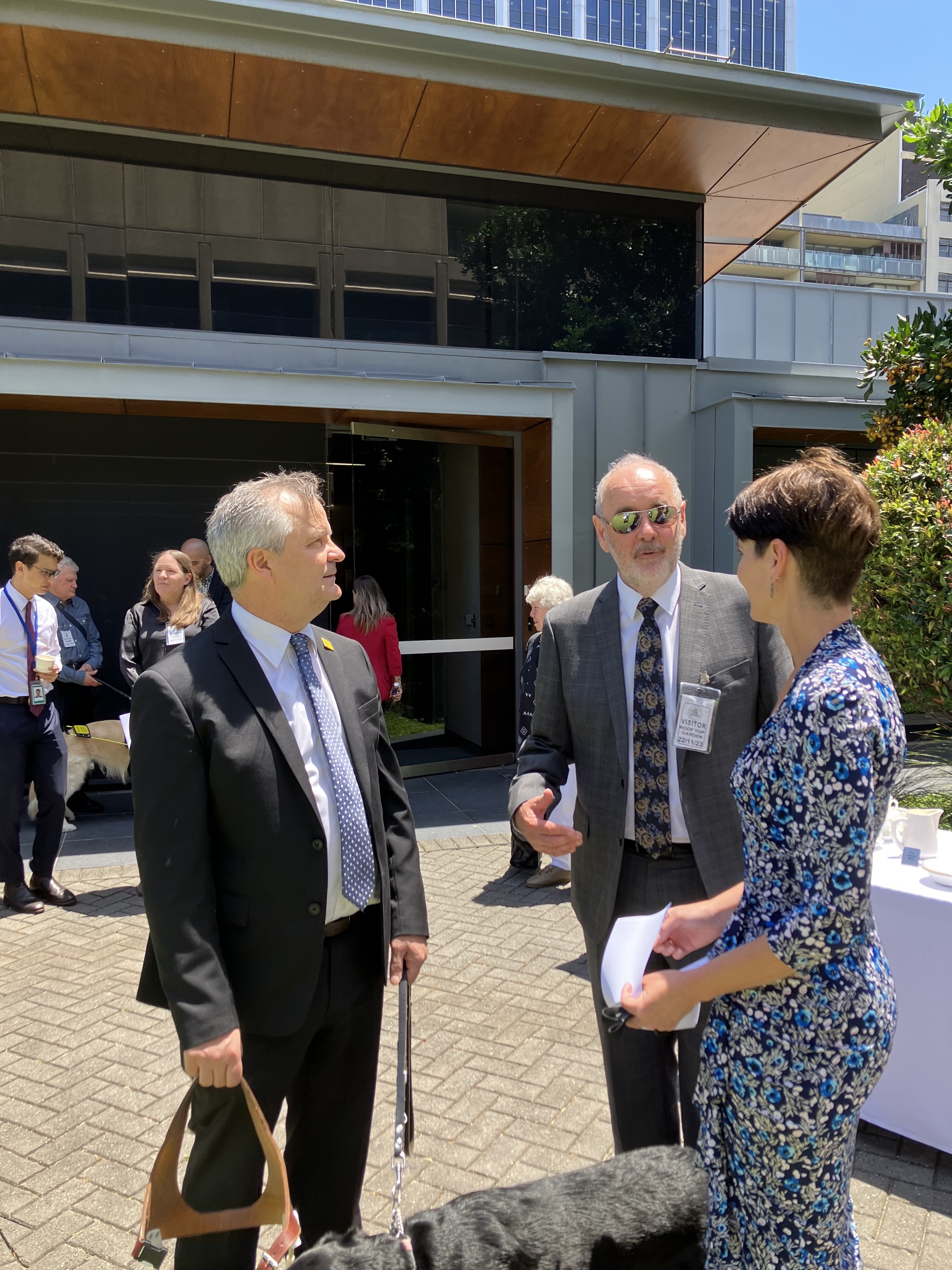 Ron Hooton, CEO Vision AUstralia, Chris Edwards, Director Government relations and Kate Washington, NSW Minister for Disability Inclusion, talking outside Parliament House